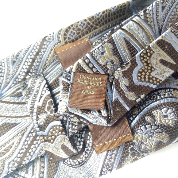 Tasso Elba Mens Blue Brown Geo Print Silk Necktie - Picture 3 of 3